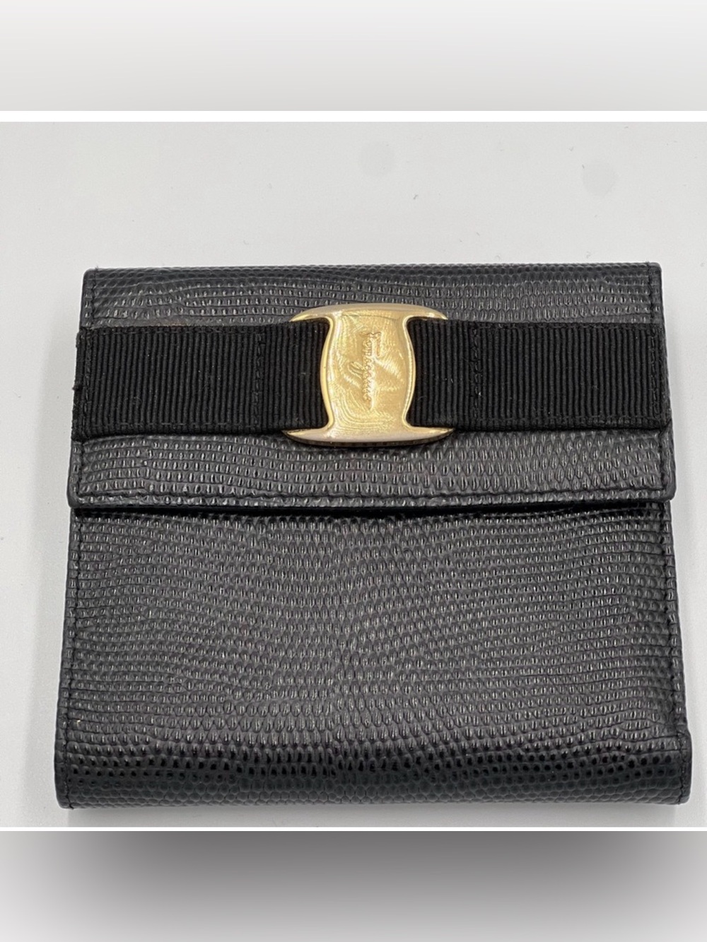 Salvatore Ferragamo Vara Ribbon Black Textured Wallet with Gold Detail